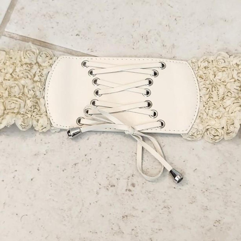 Vtg Lace Waist Belt Wide Elastic Stretch Corset Cinch Belt Ivory White #1449